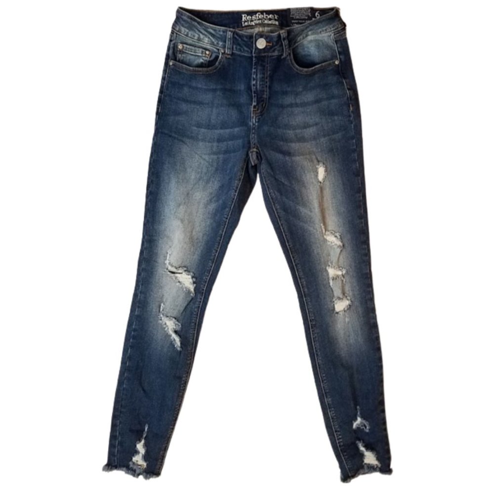 RESFEBER Raw Hem Distressed Ripped Denim Boyfriend Skinny Jeans - Women's 6